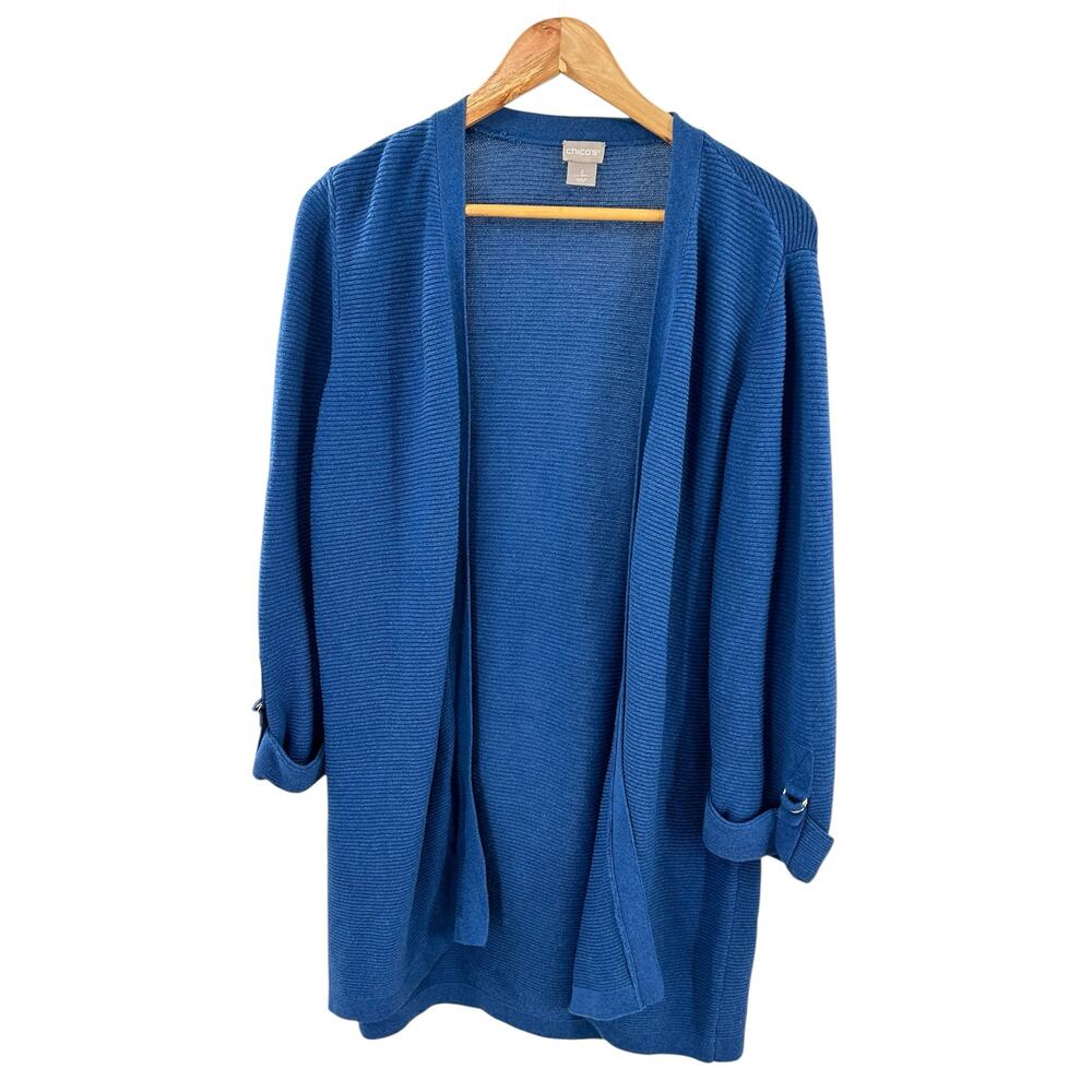 Chico’s Cardigan‎ Women’s 2 US Large Blue Knit Open Front Lightweight